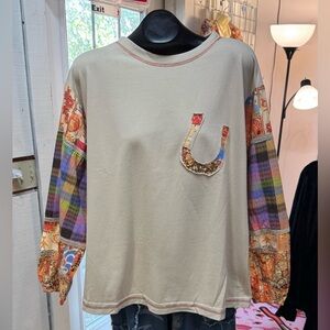 Long Sleeve Top With Colorful Patchwork Sleeves - by Easel